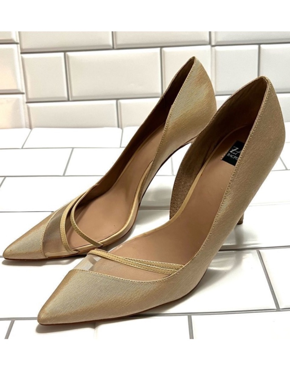 Zac Zac Posen Valerian Beige Tan Mesh Ribbed Satin D’Orsay Pumps Heels Size 8.5